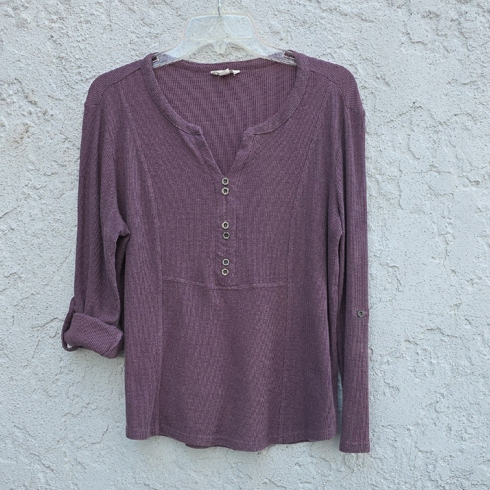 Jane and Delancey Plum Waffle Knit Thermal Henley Roll Tab Sleeves Size Large